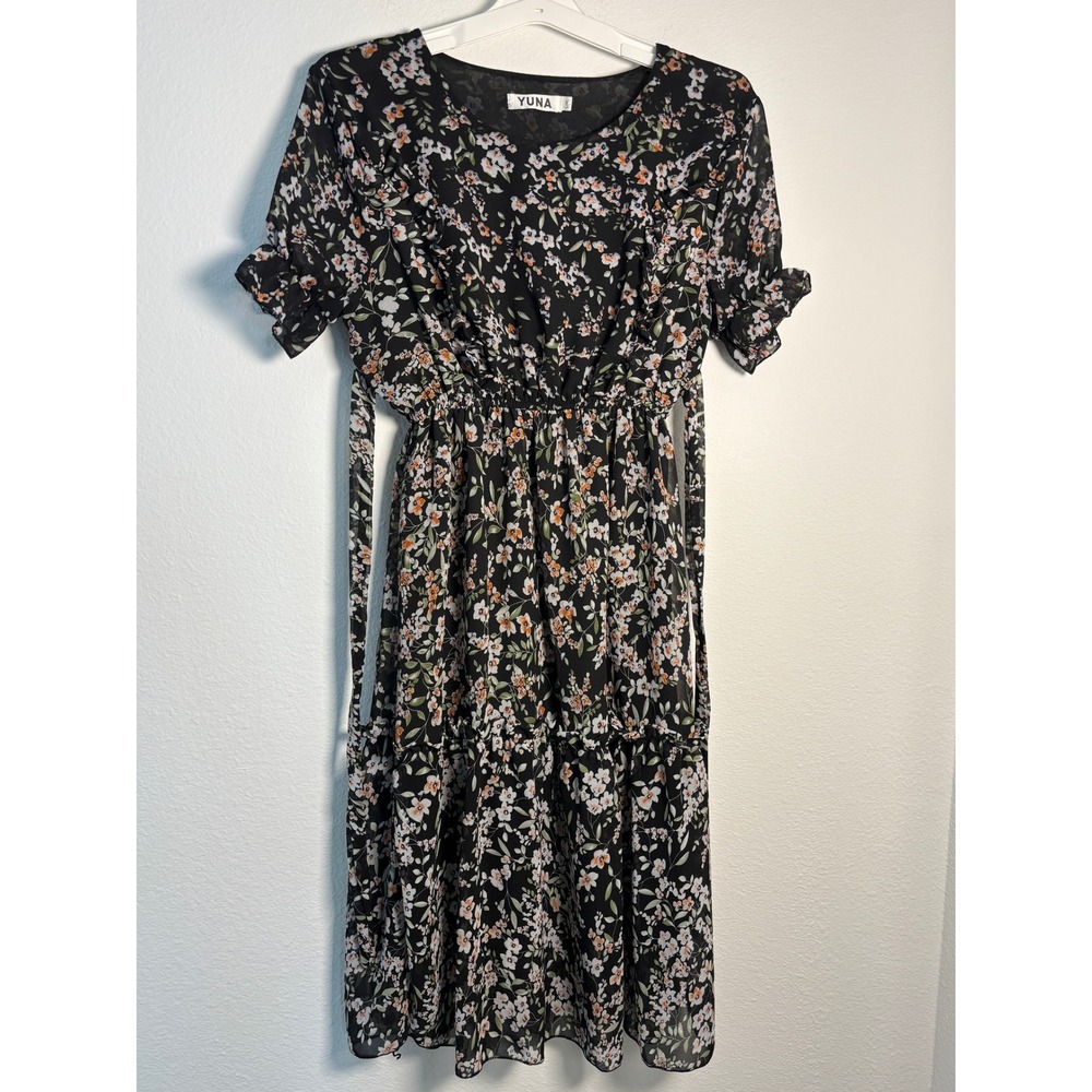 Yuna Floral Midi Dress Black Chiffon Ruffle V-Neck Flutter Sleeve L/XL